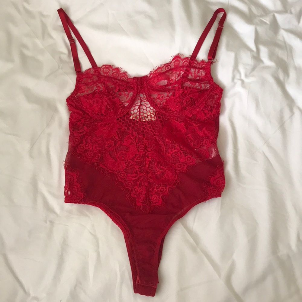 New red teddy lace bodysuit